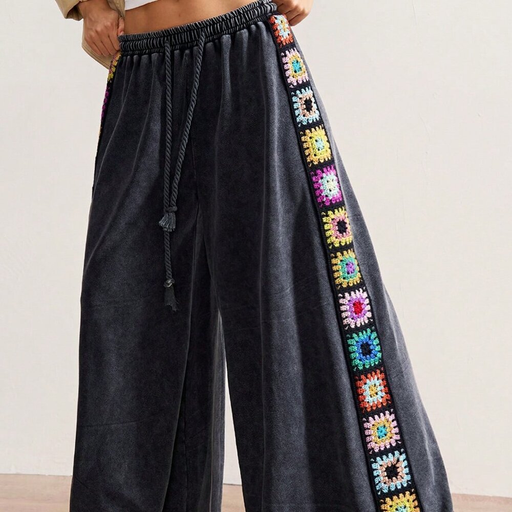Black Casual Women's Wide Leg Crochet Patchwork Knit Pants - Picture 5 of 8